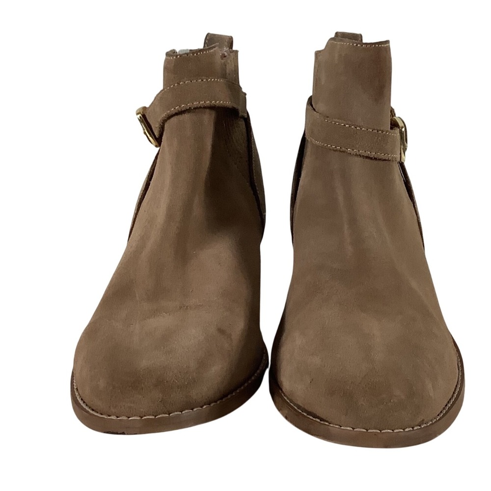 HM Brown Suede Ankle Boots Buckle Strap Stacked Block Heel Size 8.5 172999
